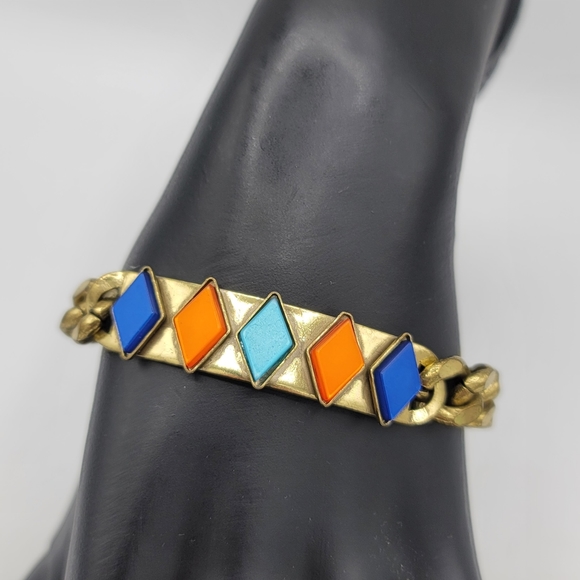 Anton Huenis Gold tone Curb Chain Diamond Shaped Lucite Signed Bracelet Rare Vtg - Picture 3 of 10